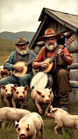 hillbillies, My father and I and my brother and mother play the banjo, lot of pigs running around