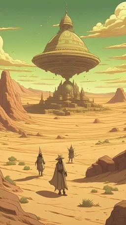 a big and giant men and ufo hovering above and wolfs in the forgotten desert in medieval times, in anime style