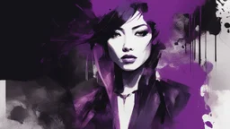 aesthetic, painterly style, modern ink, Asian, purple and dark, sensual, sultry, dark blouse, expressive pose, urbanpunk, abstract texture multilayer background, neo-expressionist , Russ Mills, Ian Miller