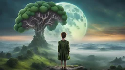 A moon that looks like a happy origin head fractal broccoli above a landscape, a kid in a ragged dress looks up in the distance, fog, and intricate background HDR, 8k, epic colors, fantasy surrealism, in the style of gothic