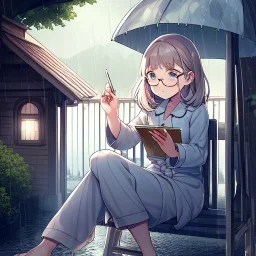 anime girl writing with a pencil in her hand in a book sitting on a porch swing of a very old house in the rain, wearing pajamas,wearing glasses, rain and raindrops