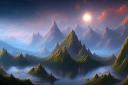 Clouds, mountains, lagoon, science fiction landscape