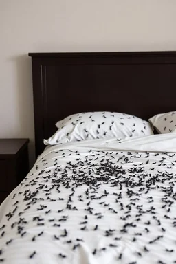 A king size bed with white sheets covered with black ants