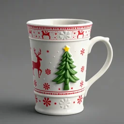 Um copo de Natal em 3D feito de cerâmica com padrões festivos de renas e flocos de neve em branco e vermelho. O copo é alto, com uma alça robusta e detalhes decorativos em relevo, incluindo uma pequena árvore de Natal na frente. Ideal para segurar bebidas quentes como chocolate ou café, com uma textura vidrada e brilhante, perfeita para uso em jogos e simulações no Second Life."