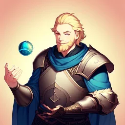 A nord male battlemage from Skyrim, full plate nordic armor, blond hair of medium length, hearty, smiling, thick short beard, an electric sphere in right hand, correct proportions