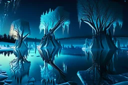 Ice blocks near one tree, night, lagoon reflection, sci-fi, epic,