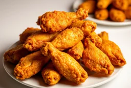 A cinematic shot of a full plate of Southern fried chicken wings. The wings are golden brown and crispy, with a few stacked on top of each other and the rest scattered across the plate. The background is a plain white surface. The lighting is warm and inviting.