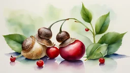 (Watercolor painting of) two snails that look like they are kissing on top of two cherries. The cherries have long green stems and are on a shiny surface that reflects them. The background is blurry and shows some plants and flowers. (Pale colours, minimalist), Watercolor, trending on artstation, sharp focus, studio photo, intricate details, highly detailed, by greg rutkowski