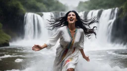 Hyper Realistic Photographic Close Face Shot Of A Beautiful Pashto Woman With Long Black Wet Hair Wearing A White And Multicolored Frock, Happily Jumping On A River Water And Enjoying Rain With A Beautiful Waterfall And Cloudy Weather At Heavy Rainfall Showing Dramatic And Cinematic Ambiance.