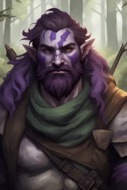 Firbolg, Ranger, wide, scarred, beard and mustache, strong, purple skin, in a forest, full body