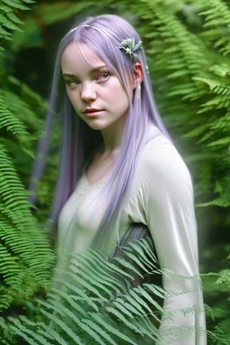 With a carefree abandon, Fiona sprawls amongst the ferns, her silvery hair fanning out around her like a halo of moonlight. Her cerulean eyes gleam with an otherworldly light, their pupils slightly dilated as they take in the ever-shifting colors of the hallucinatory world around her. Her cheeks bear a rosy flush, mirroring the warmth of her laughter and the forest's magic that courses through her veins. Her lips are curled into a perpetual smile, a testament to the joy that radiates from withi