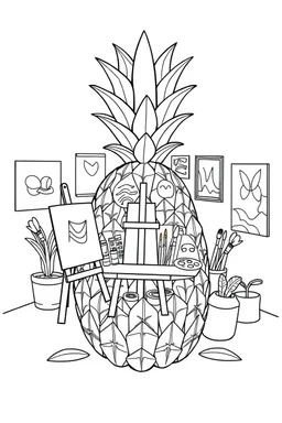 Pineapple Cozy Art Studio Coloring Page: A pineapple cross-section displaying an art studio. Features an easel, paint palettes, brushes, and artworks hung on the walls.