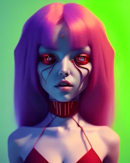 isometric art of a short Demon girl with blood red hair and green eyes, deep lighting, dark pastel gradients, high definition, 3d icon clay render, blender 3d