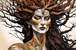 Egon Schiele style abstract expressionist comic book style illustration of a pagan druid priestess, bristlecone pine sculpture , dark and dry branches, harmony, intricately detailed, highly detailed facial features, ethereal, otherworldly, the smell of the ancient essence of eternity in vibrant natural color