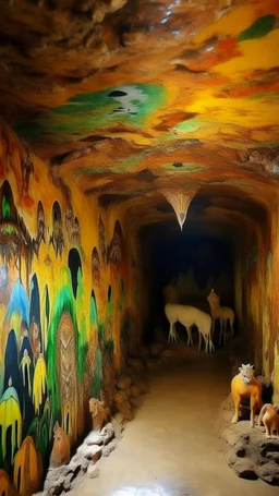A tan cavern covered in paint designed in Scandinavian folk art art painted by Guo Xi