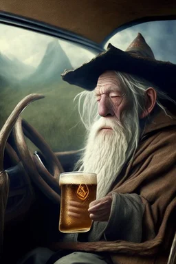 gandalf in a car drinking a beer