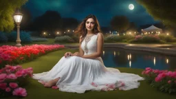 Hyper Realistic Photographic Close View Of Pakistani Pashto Young Woman [Age 24] Happily Sitting On A Beautiful Green Grass Wearing A Beautiful White Dress Inside A Colorful Flower Garden Near A Water Pond With Water Fountain Between The Pond With Artist Street Lamps Surrounding The Pond At Dark Cloudy Full Moon Night Showing Dramatic And Cinematic Ambiance.