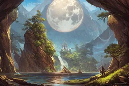 illustration concept art water color style for teenagers in other planet watching the moon and mountains there are planets in sky having adventure mystery weird trees cretures journey like a painting