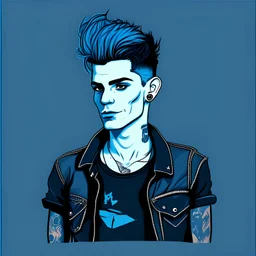 2d Illustration of a 23 year old handsome punk Argentinian man, front view, flat single color darkblue background