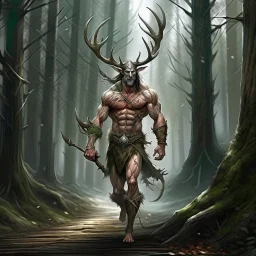 large muscular firbolg man with antlers walking in the woods fantasy digital art