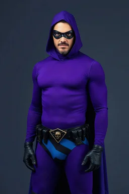 full-length, A portrait of a the Phantom, a man with piercing blue eyes, a chiseled jaw, goatee, timeless face, stern expression, Wearing a tight fitting purple cotton hero suit with a cowl that fits tight to his head, but does not cover his face, he wears a thin, black leather, bandit eye disguise over his eyes, black and blue diagonally striped trunks, dual-holstered pistol belt adorned with a triangle skull-shaped buckle with leg straps, Knee-high black leather boots