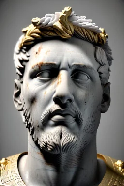 Ultra Realistic image, Roman sculpture, white marble material, Lionel Messi, gold Laurel wreath, gold ornaments, chisel style, waist up portrait, epic, celestial, cinematic lighting, God light, god rays, 4k resolution, smooth details, ornate details, soft lighting, unreal engine 5, marble background.