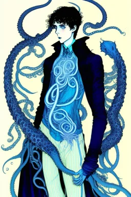 16 year old boy warlock with milky blue eyes, and 1lamprey tentacle coming out of his belly in the style of Harry Clarke