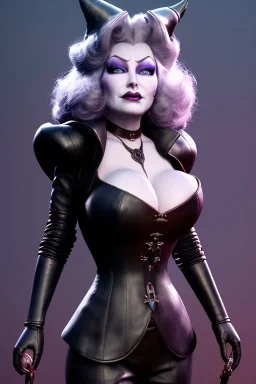 Mae West as evil queen in black leather, leather, busty, cleavage, angry, stern look. character design by cory loftis, fenghua zhong, ryohei hase, ismail inceoglu and ruan jia. unreal engine 5, artistic lighting, highly detailed, photorealistic, fantasy