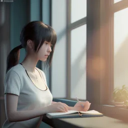 female student studying by the window, anime style, full body, unreal engine 5, cinema4d, sun light, studio lighting --ar 1:1 --v 4