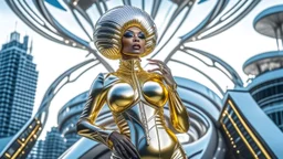 woman in a silver catsuit with gold circuitry built in, standing in a futuristic alien city holding a parasol shaped like a mushroom with tentacles