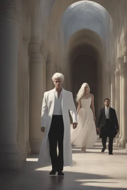 Woman with white hair wearing a white dress, walking down a sunlit stone hall, AND a handsome man in the background lurking in the shadows with long black hair