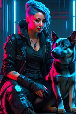 a cyberpunk lady with her pet dog