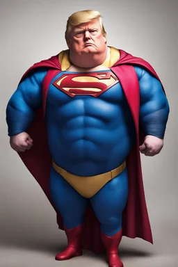 morbidly obese superman with donald trump's head and his belly hanging out