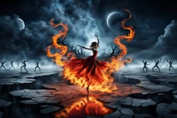 a stunning detalied surreal image where a dancer's dress transforms into fire, and tongues of flame, the background is the hell with demons, cracked and ruined nightly landscape, nightmare from the hell, dark siluettes, pale light, dark night, demons, crepy stunning image, masterpeace, thriller