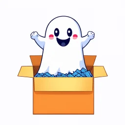 An icon that features a cute and happy ghost. It tries to shove some a huge pile of paper into a box. No background. Transparent background. Cute. Icon. Logo. Drawing. SVG.