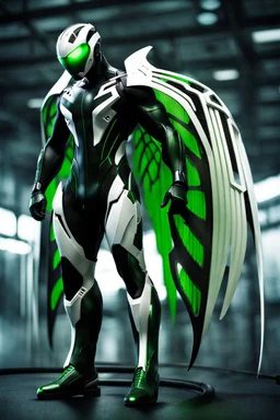 Cyborg symbiote, white color, green color, tendrils, high tech, cyberpunk, biopunk, membrane wings, carbon fiber