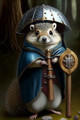 squirrel hedgehog mix being a cleric of death hood with hammer and shield