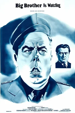 an old poster with "BIG BROTHER"(across top) "IS WATCHING"(across bottom) and the scowling face of a dictator in the middle. wwii era black and white printed poster on old paper