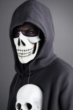 Hooded man in white skull mask wearing dark black and purple coloristic coat