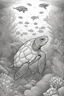 STRESS RELIEF themed coloring page for adult, cartoon style, thick outline, low details, no shading, no color, A serene underwater world with gliding sea turtles and coral