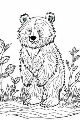 b/w outline art for kids coloring book page Animal-themed, coloring pages, hd bear in it's Habitat, full white, adults style, white background, whole body, Sketch style, full body (((((white background))))), only use outline., cartoon style, line art, coloring book, clean line art, Sketch style, line-art