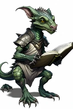 kobold from dungeons and dragons, grey diamond - shaped scales, big magic book