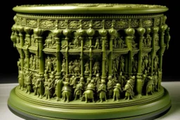 An olive green carnival covered in mold designed in Bayeux tapestry painted by Francis Danby