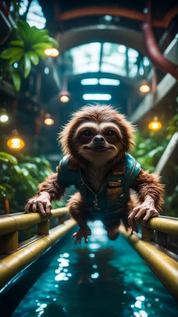 fish-eye photo of furry hairy pimp rocker alien gremlin sloth dwarf on bridge over water slide magically levitating in dark lit reflective wet jungle hall hotel tunnel, in the style of fallout 4 game,bokeh like f/0.8, tilt-shift lens 8k, high detail, smooth render, down-light, unreal engine, prize winning