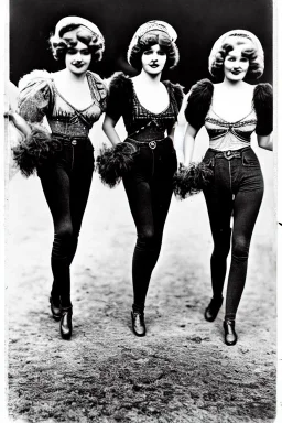 Four Ziegfeld Girls on jeans walking