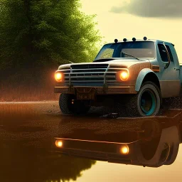 hyperrealistic shot, off-road truck, earth color palette, sharp focus, puddle reflection, tire water splash, refraction, lightning on the horizon, shadowcast, detailed and intricate, cinematic composition, micro, tilt shift photography