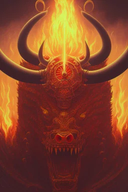 Vintage illustration of a demonic and magical brutal and angry bull made of red flames and fire, savage and obstreperous nature, Tsuguyuki Kubo art, Topcraft, vintage storybook illustration style, ornamental, fantasy folk art, psychedelic theme, inspires by 70s Japanese anime, early Studio Ghibli, fantasy animation cartoon, last unicorn