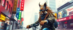 wall poster of transparent biker weasel rasta man with cute fur, in big cyberpunk city crossover, volume light and motion blur, airbrush and pen outline and paint smears, and splatter drops