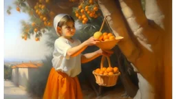 Neoclassicism child picking oranges from a tree painting realistic cote d'azur