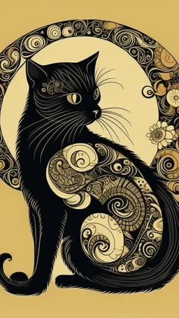 A beautiful silhouette cat illustration in zentangle patterns in the old world aesthetics in artistic style of gustav Klimt